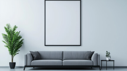 Minimalist living room with a grey sofa, a black framed poster, and a potted plant.