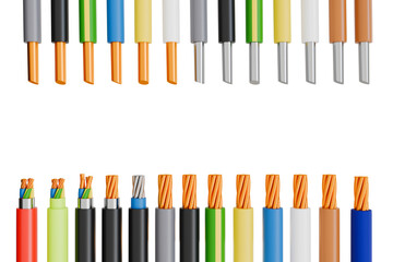 Realistic 3D cables and wires of electric power, network, television and telephone. Energy wires with insulated copper conductors Multicore twisted pair. 3d illustration. Clipping path.