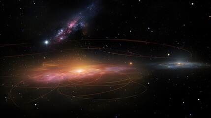 Obraz premium A mesmerizing cosmic landscape with swirling galaxies, twinkling stars, and ethereal light trails.