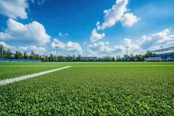 Empty nobody soccer stadium field with blue sky, soccer background, ai