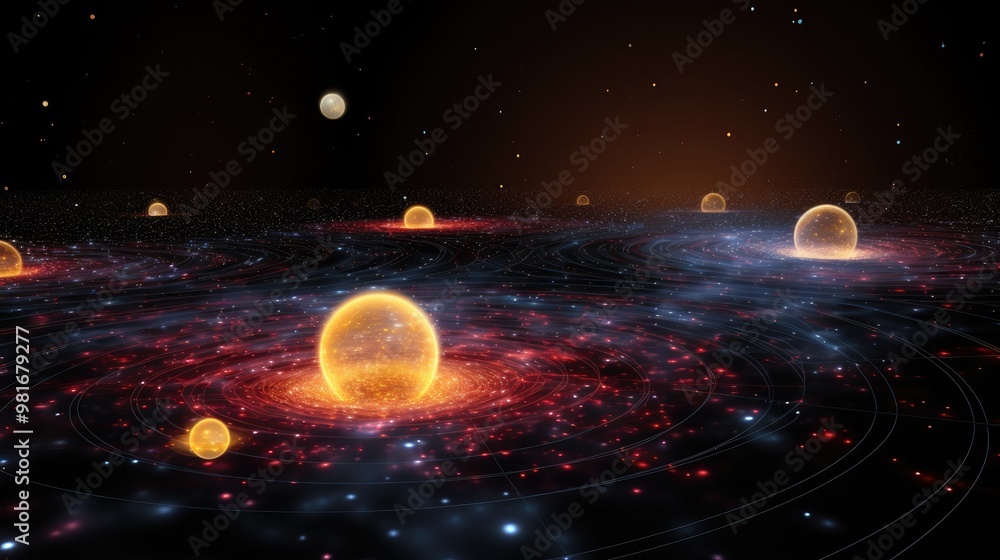 Aufkleber a mesmerizing cosmic scene with glowing orbs and swirling lines of energy, creating a sense of wonde
