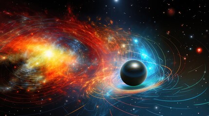 Obraz premium A mesmerizing cosmic scene with a black hole in the center, surrounded by swirling galaxies and stars.