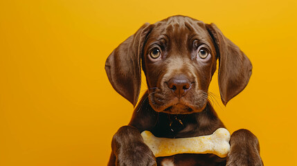 A cute brown puppy holds a bone in its paws, looking directly at the camera with big eyes.