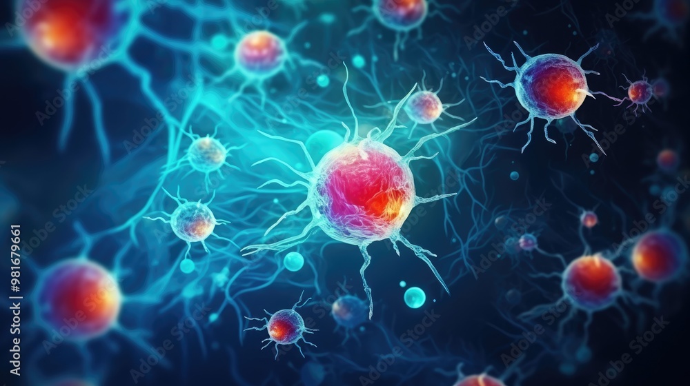 Poster a microscopic view of cells dividing and multiplying, with a focus on a single cell in the center.