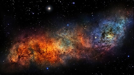 A mesmerizing view of a vibrant nebula, swirling with cosmic dust and gas, illuminated by distant stars.