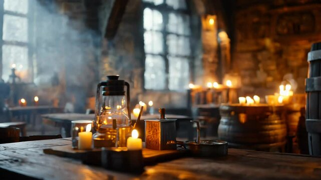 Cozy medieval tavern interior. Rustic wooden tables illuminated by warm candlelight. Stone walls and arched windows create atmospheric shadows. Bottles and tankards scattered on surfaces. 