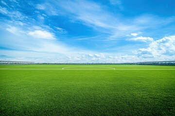 Empty nobody soccer stadium field with blue sky, soccer background, ai