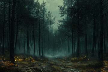 Fototapeta premium Enchanted Forest Path: A Mystical Journey Through Fog and Light