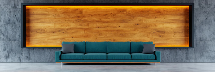 Teal sofa in a modern living room with a wood accent wall.