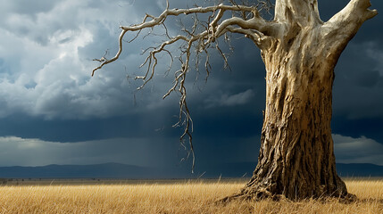 Lonely Tree Against a Stormy Sky: A solitary, leafless tree stands tall against a dramatic backdrop of dark storm clouds, its silhouette evoking resilience and endurance. 