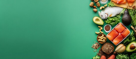 Healthy food array featuring fish, nuts, and avocado on a green background, designed as a web banner with copy space on the right.