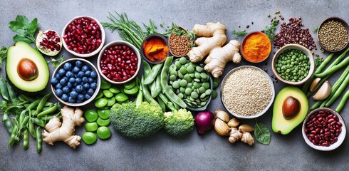 Flat lay of colorful vegetables, fruits, and grains arranged on a table, featuring broccoli, avocadoes, blueberries, and more against an aged grey background, highlighting diverse textures and colors.