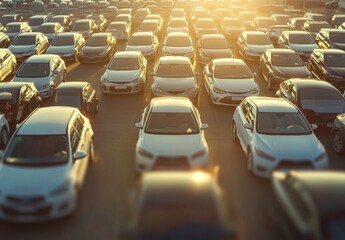 Aerial view of a car lot showcasing rows of various vehicles, including multiple white and silver cars in the foreground, bathed in bright sunlight, creating a warm and inviting atmosphere.
