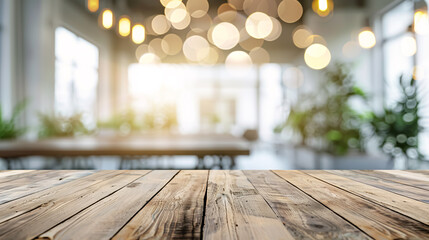 Wood tabletop with a blurred bokeh office interior background; ideal for product display or montage