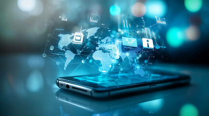 A smartphone with a world map and connected icons floating above it, representing global e-commerce.