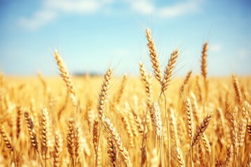 Fototapeta premium Close-up of a golden wheat field under a blue sky on a sunny day, featuring beautiful high-definition photography with a softly blurred background.