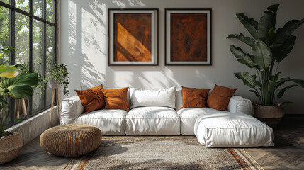 Fototapeta premium Modern living room with white sofa, orange pillows, and large green plant.