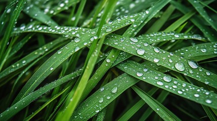 Dewdrops Glistening on Lush Green Grass Blades