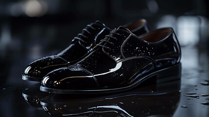 Fototapeta premium Black patent leather shoes with water droplets.