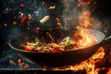 Freeze Motion of Wok Pan with Flying Ingredients in the Air and Fire Flames , ai