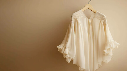 Elegant cream blouse with ruffle sleeves hanging on a wooden hanger.