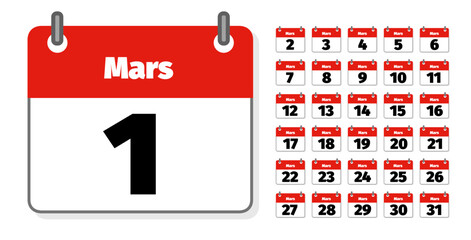 ensemble d'icônes représentant des calendriers ou agendas français montrant chacun un jour du mois de mars  © Tof - Photographie