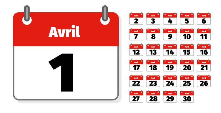 ensemble d'ic&ocirc;nes repr&eacute;sentant des calendriers ou agendas fran&ccedil;ais montrant chacun un jour du mois d'avril 