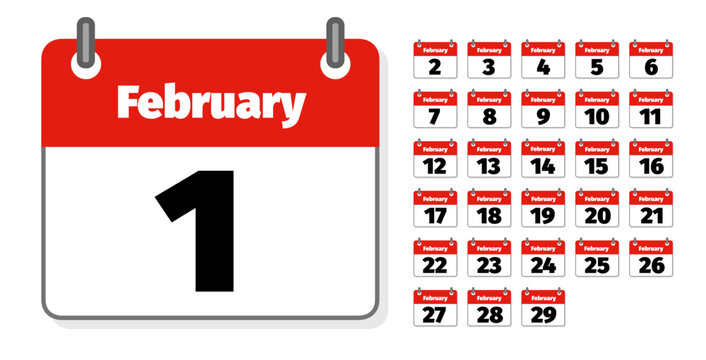 ensemble d'ic&ocirc;nes repr&eacute;sentant des calendriers ou agendas anglais montrant chacun un jour du mois de f&eacute;vrier 