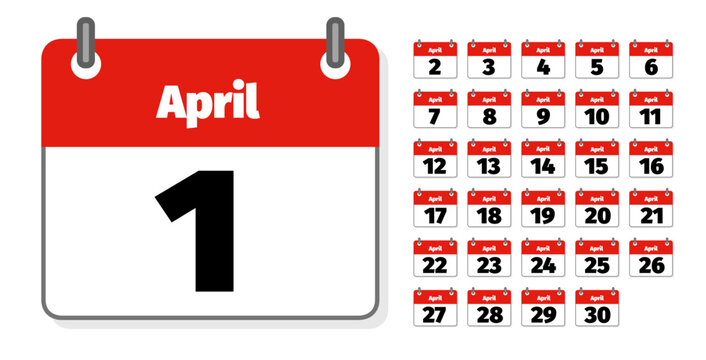 ensemble d'icônes représentant des calendriers ou agendas anglais montrant chacun un jour du mois d'avril 