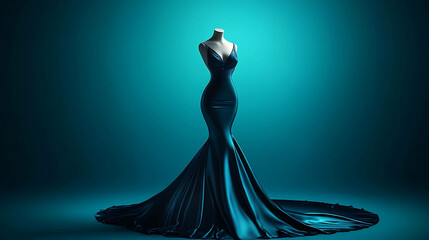 A teal satin evening gown on a mannequin, displayed on a teal backdrop.