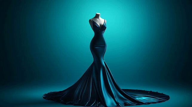 A teal satin evening gown on a mannequin, displayed on a teal backdrop.