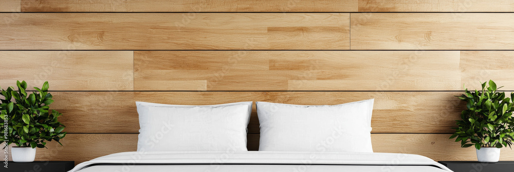 Canvas Prints White bed with wooden headboard and plants on bedside tables.