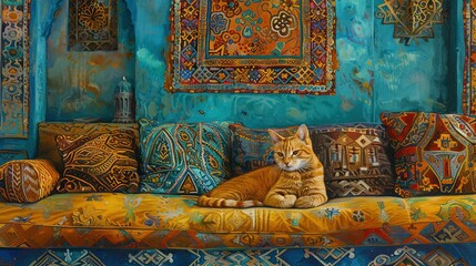A ginger cat resting on a couch with patterned pillows and a rug
