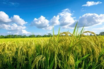 Obraz premium The rice fields are full, waiting to be harveste under blue sky. Farm, Agriculture concept, ai