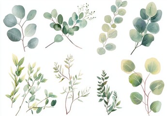 Obraz premium Watercolor eucalyptus clipart featuring various leaves and branches on a white background with a muted pastel color palette.