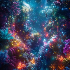 Worms-eye view of a vibrant fantasy forest bursting with colorful bioluminescent plants