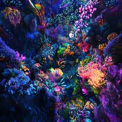 Worms-eye view of a vibrant fantasy forest bursting with colorful bioluminescent plants