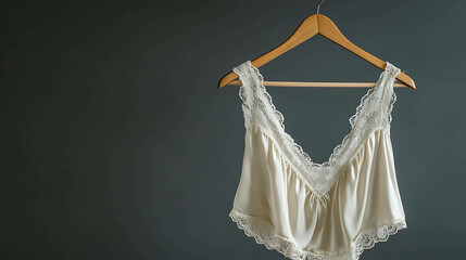 A white lace top on a wooden hanger.