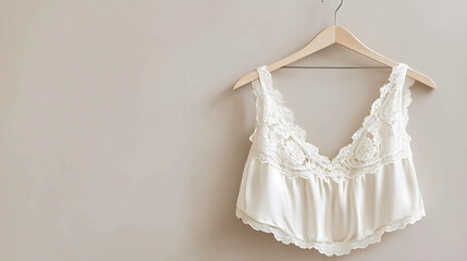 Delicate white lace top hanging on a wooden hanger against a beige background.