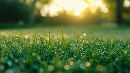 Obraz premium Dewdrops on Green Grass with Sunlight Bokeh