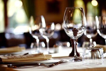 Elegant dining table setup in an upscale restaurant featuring wine glasses and cutlery, capturing the luxury of fine dining with a soft-focus background. High-resolution image shot