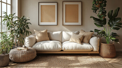 Cozy living room with a white couch, plants, and a woven rug.