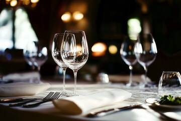 Elegant dining table setup in an upscale restaurant featuring wine glasses and cutlery, capturing the luxury of fine dining with a soft-focus background. High-resolution image shot