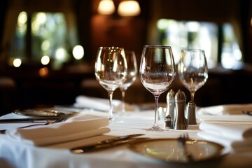 Elegant dining table setup in an upscale restaurant featuring wine glasses and cutlery, capturing the luxury of fine dining with a soft-focus background. High-resolution image shot