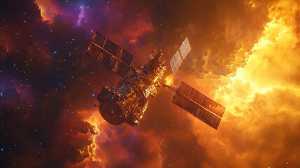 A captivating close-up shot of a satellite navigating through cosmic clouds