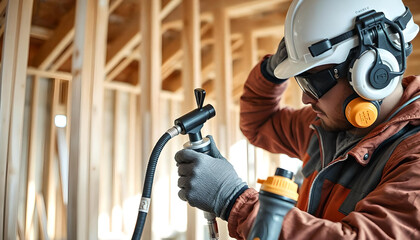 Expert builder professionally applying high-density spray foam insulation to a new home's exterior foundation, showcasing the detailed construction process and ensuring safety with proper gear
