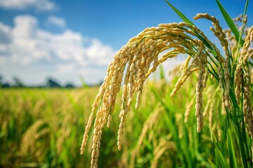 The rice fields are full, waiting to be harveste under blue sky. Farm, Agriculture concept, ai