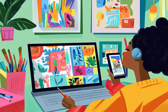 digital artist draws a digital picture on a Wacom Сintiq graphics tablet with a stylus