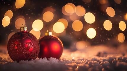 Fototapeta premium Two red Christmas balls on bokeh background with lights and copy space. Xmas and New Year greeting card holiday theme