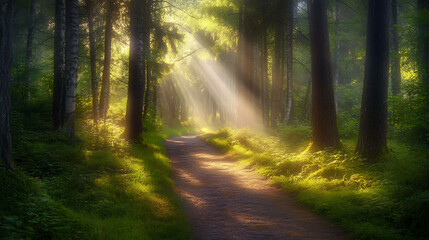 Obraz premium Sunlight streams through trees in a dense forest, illuminating the path ahead.
